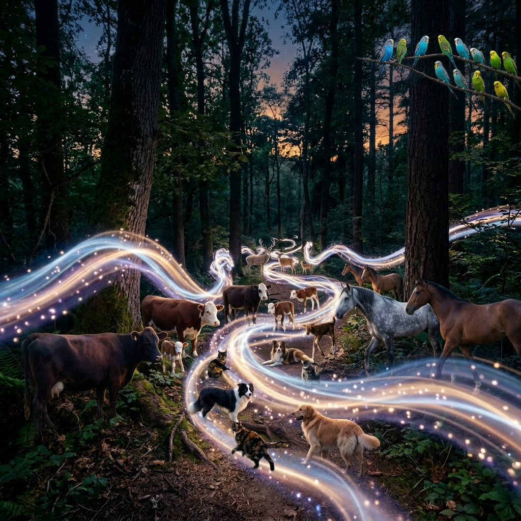 Glowing multicolored light trails flowing along a forest path surrounded by trees