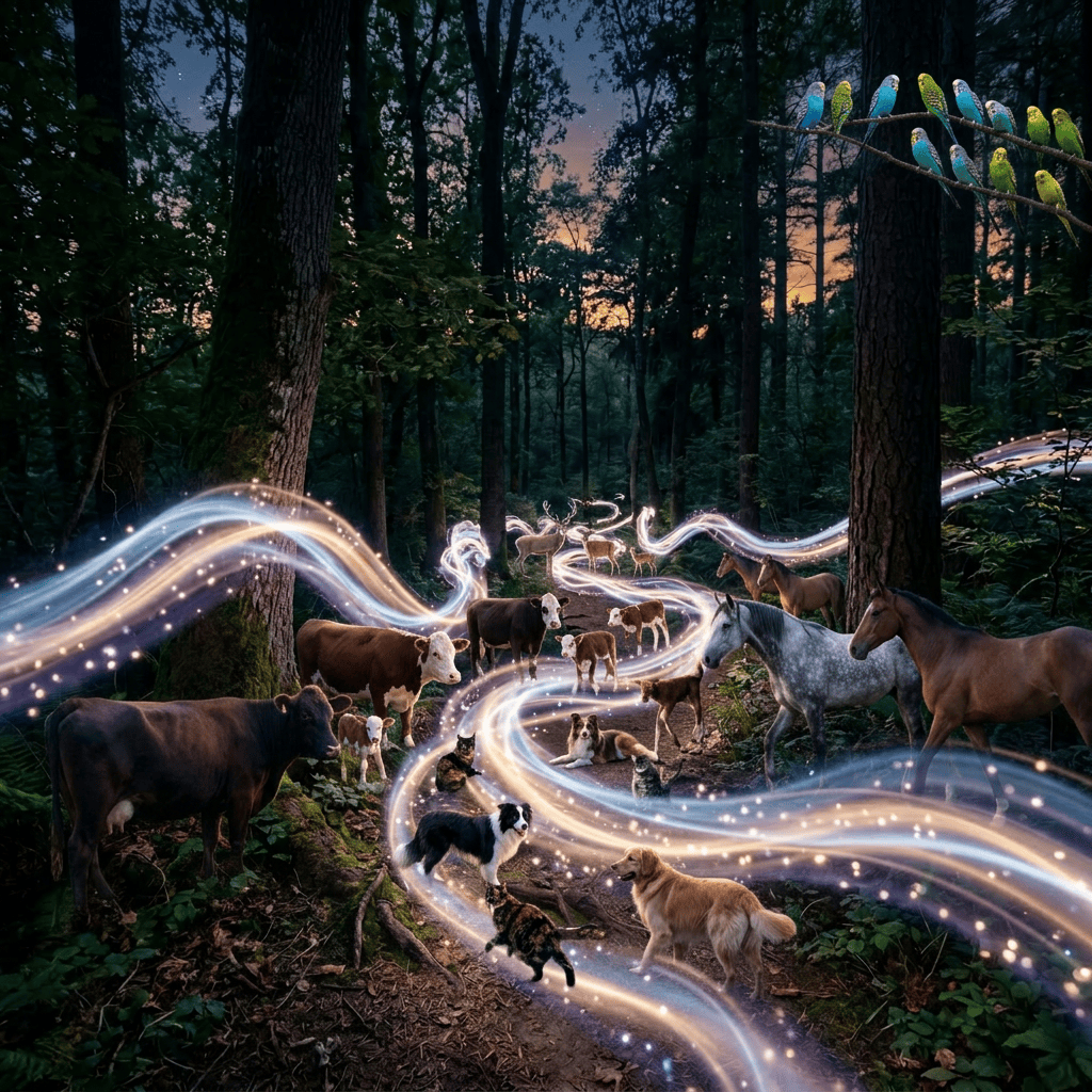 Glowing multicolored light trails flowing along a forest path surrounded by trees