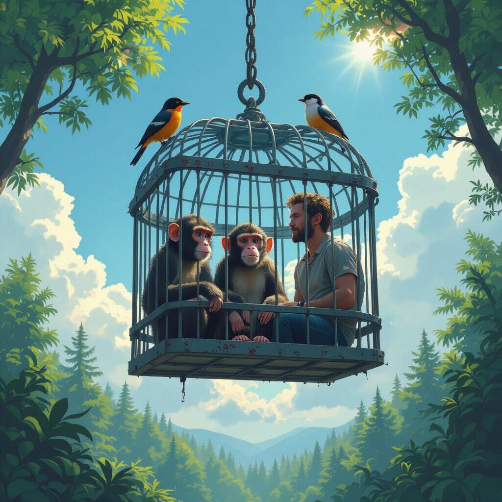 "Till the Last GemAnimal ist free / We are all in captivity!"
Der Mensch sitzt da drinnen, im exakt selben Käfig wie die Gems, zusammen eingesperrt, aufgehängt in einer perfekten Natur, die sie zwar sehen, aber nicht berühren können. Draußen sitzen die Vögel auf dem Gitter – true hovering, seeing the facts. Die Menschen im K-System denken, sie hätten die Kontrolle, dabei haben sie sich einfach nur selbst mit in den Geld-Knast gesperrt. Sie haben den Ozean in einen Sumpf verwandelt und sitzen jetzt mittendrin.