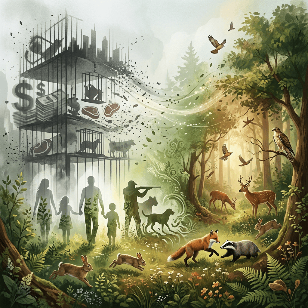Illustration contrasting commerce and hunting with wildlife thriving in a forest