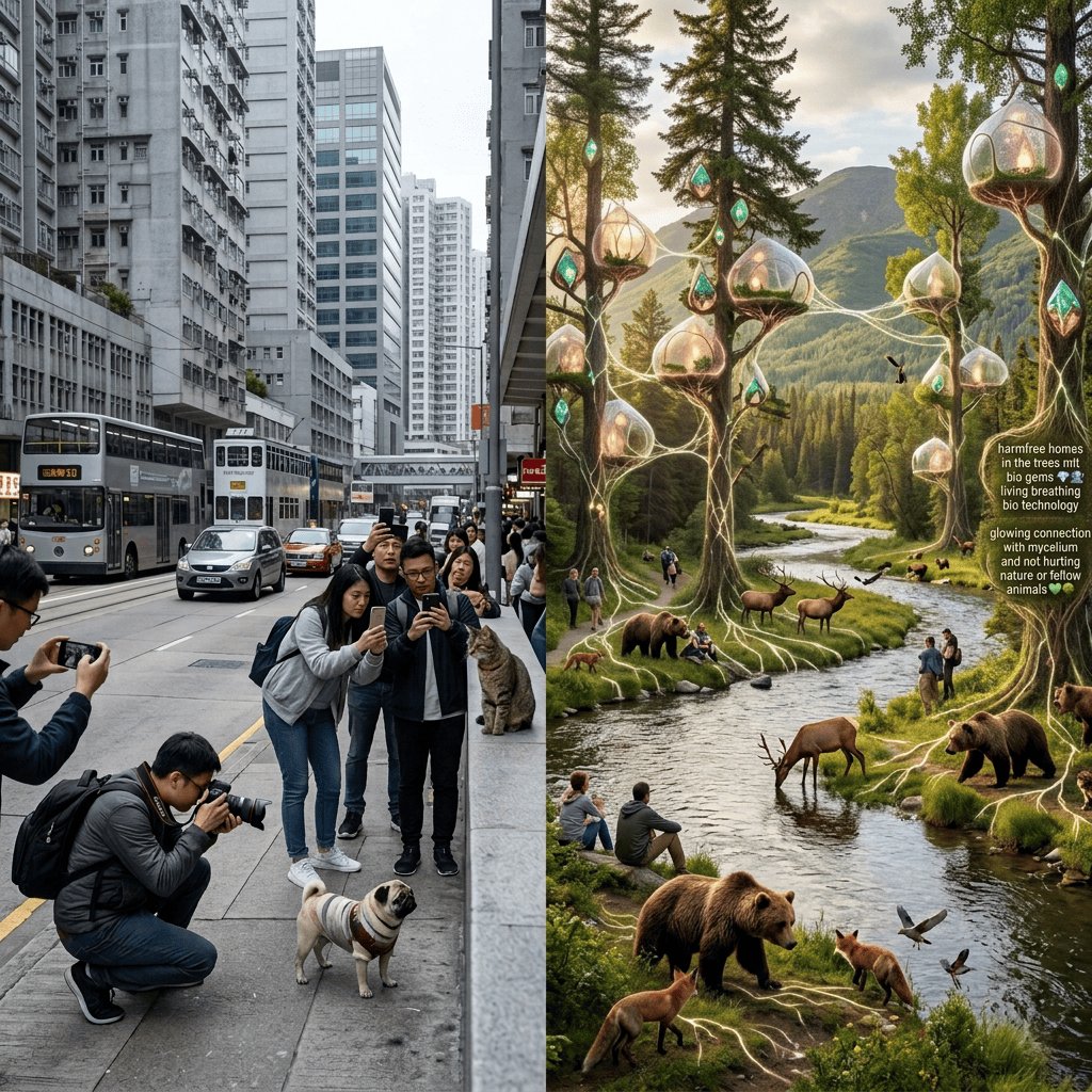Split scene of a crowded city street and wildlife beside a mountain river